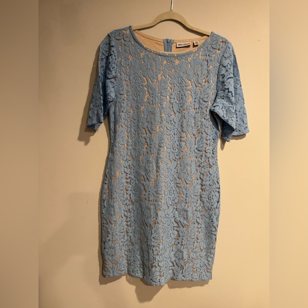 Nina Leonard Petite Blue Floral Lace Sheath Dress - PM wedding guest - Picture 2 of 4